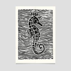 a black and white drawing of a seahorse in the ocean with waves on it