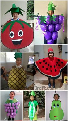 several pictures of people in costumes made to look like fruits, vegetables and fruit characters