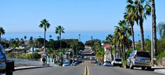 a street with cars parked on both sides and palm trees lining the road in front