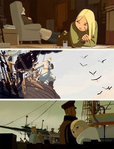 two different scenes from the animated movie, one with a man sitting in a chair