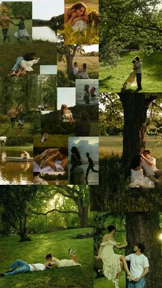 a collage of people hanging out in the grass near a tree and some water