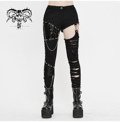 Shop for women's high quality material gothic ripped skinny pants with hollowed out design, decorative chains, patchwork and a high waist fit. enjoy free shipping within the us! Cool Trousers Outfit, Gothic Punk Outfits, Punk Outfits For Women, Pants With Chains, Trip Pants, Ripped Clothes, Asymmetric Pants, Rock Clothes, Punk Outfit