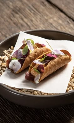 two pita breads are on a plate with some onions and other toppings