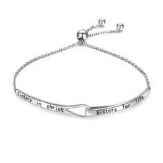 PRICES MAY VARY. Christian gifts for women;This bible verse bracelet made of 925 sterling silver is best choice with good blessing for friend,sister,aunt, niece, BFF,or daughter to celebrate their faith;engraved inspirational words:Sisters in Christ Sisters for Life Size: Bracelet cuff:2.76 inches; adjustable diffuser bracelet chain with a little sliding lock, easy to put on and take off. Circumference:6-10 inches.Weight: 5.2g Quality promise: Each bracelet are quality made of 925 sterling silve Stainless Steel Chain Bracelet For Friendship, Adjustable Chain Name Bracelet For Friendship, Engraved Adjustable Bracelets, Resizable Jewelry For Mother's Day, Adjustable Name Bracelet For Friendship, Adjustable Name Bracelet For Best Friend Gift, Elegant Silver Charm Bracelet For Best Friend, Sterling Silver Friendship Bracelet, Silver Resizable Jewelry For Friendship