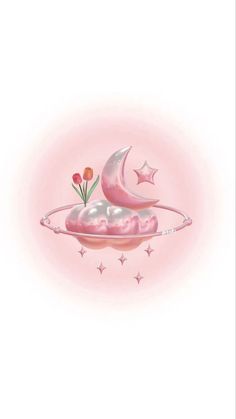 an image of a pink moon with flowers on it's side and stars in the background