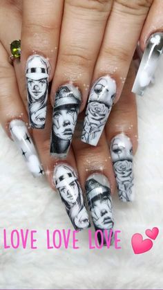 Acrylic Nails With Old English Letters, Lowrider Nail Designs, Old School Nail Designs