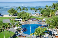 an aerial view of a resort pool surrounded by palm trees and the ocean in the background