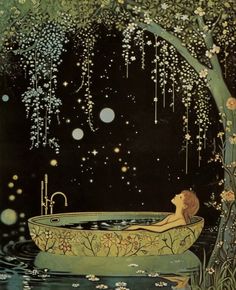 an illustration of a woman in a bathtub surrounded by trees and flowers, with stars falling from the sky