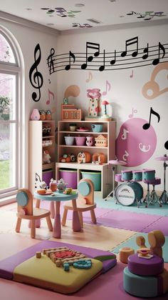 a child's room with musical notes on the wall