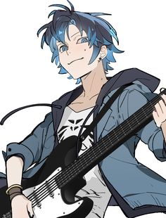 an anime character with blue hair holding a guitar