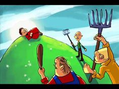 an image of cartoon characters trying to pick something up from the ground with rakes