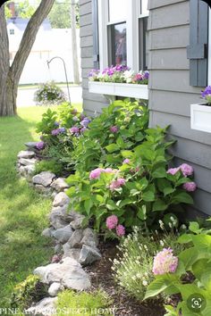 the flowers are blooming along the side of the house