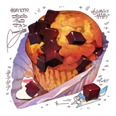 a drawing of a muffin with chocolate cubes on it