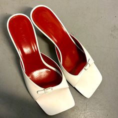 Love This But Never Wear It!! White Almond Toe Heels With Branded Insole, White Slip-on Heels With Removable Insole, White Leather Slip-on Heels, White Leather Heels With Square Toe, White Heels With Red Sole For Spring, White Almond Toe Heels With Red Sole, Modern White Heels With Square Toe, Coquette Kitten, Red White Shoes