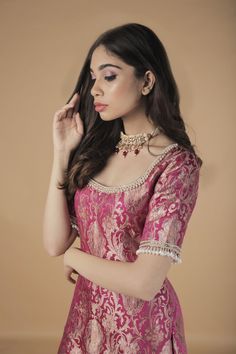 Contemporary indian wear/indo western/gowns/lehenghas/indian wear/designer wear/sarees/wedding wear/bridesmaids Banarsi Kurti Design, Banarasi Dress Designs, Brocade Kurti Design, Suit Back Neck Designs Indian, Banarasi Suit Designs Latest, Trendy Suit Designs, Banarsi Suit Design, Indo Western Gowns, Western Gowns