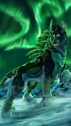 an illustration of a wolf standing in water with the northern lights behind it and green aurora bores overhead