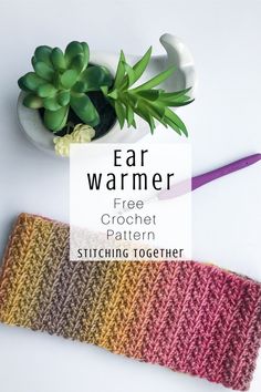 a knitted headband with text overlay that reads, ear warmer free crochet pattern stitching together