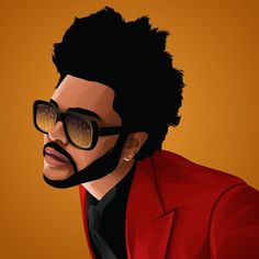 an illustration of a man with sunglasses and a red blazer on his head, looking to the side