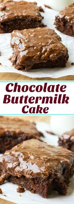 chocolate buttermilk cake with frosting on top and in the middle, cut into squares