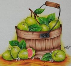 a painting of green apples in a basket