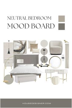 neutral bedroom mood board with white furniture and accessories