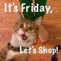 a cat sitting on the floor with its mouth open and it's friday let's shop