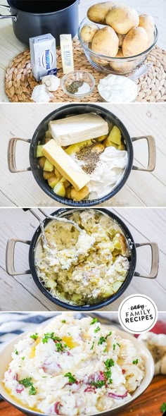 three different pictures of food in pans on a table with bread and other items