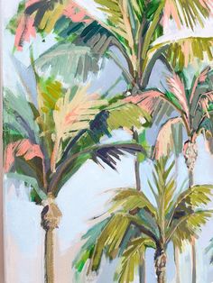 a painting of palm trees against a blue sky