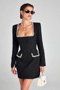 Natalie Black Dress – NADINE MERABI Classy Pearls Outfit, Chanel Style Dress, Chanel Inspired Dress, Black Dress And Pearls Outfit Classy, Pearls With Black Dress, Chanel Inspo Outfit, Black Dress With White Pearls, Nadine Merabi Dresses, Mini Dress Formal Classy