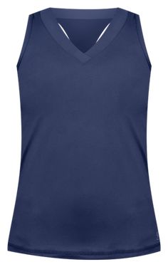 a women's v - neck tank top in dark blue with white piping