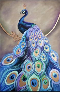 a painting of a peacock with feathers on it's tail and a ring around its neck