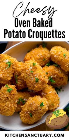 cheesy oven baked potato croquettes on a white plate with parsley