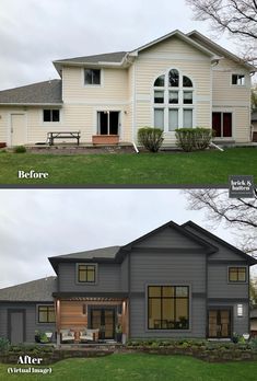 before and after pictures of a new home in the suburbs, with an open front porch