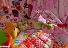 a child's bedroom decorated in pink, green and yellow with lots of stuffed animals