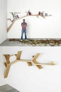 two pictures of a man standing in front of a book shelf with books on it