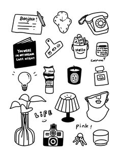 a black and white drawing of various items