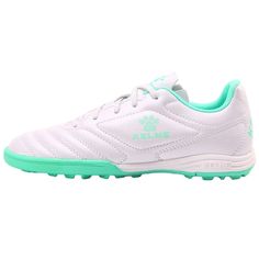 a women's tennis shoe in white with green trim and laces on the outs