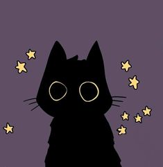 a black cat with yellow stars around it's eyes on a purple background, looking up at the sky