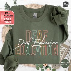 Celebrate the important work of Deaf Education professionals with our cozy sweatshirt. Perfect for ASL teachers and educators, this graphic top is a stylish and meaningful gift or a great addition to your teaching wardrobe. Show your support for education in comfort and style! 👚 Welcome to Ink Flow! 👚 Gildan® 18000 Adult Crewneck Sweatshirt Ideal for any situation, a unisex heavy blend crewneck sweatshirt is pure comfort. These garments are made from polyester and cotton. This combination help Sped Teacher Shirts, Teaching Wardrobe, Hippie Sweater, Teacher Graduation Gifts, Deaf Education, Hippie Sweaters, Boho Sweatshirt, Colorful Sweatshirt, Sped Teacher