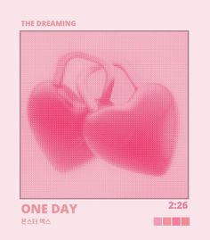 a pink poster with two heart shaped objects in the middle and one on it's side