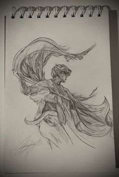 a pencil drawing of a woman with long hair and flowing fabric on her head, in the wind