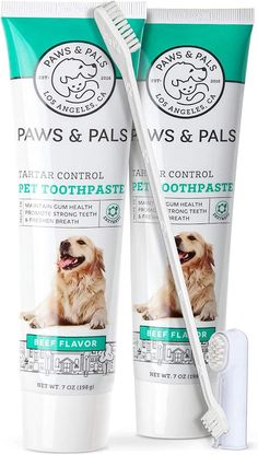 two tubes of toothpaste with a dog on the front and one tube in the back