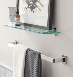 a towel rack is hanging on the wall next to a towel bar with a bottle of deodorant