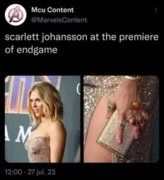 an image of the back of a woman's leg with jewelry on it and text that reads, scarritti johansson at the premiere of endgame