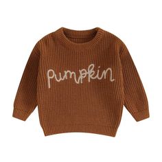 Keep your little one warm and on-trend with this cozy Pumpkin knitted sweater. Soft and cuddly, it features an embroidered 'pumpkin' text and comes in three autumn colors, perfect for chilly fall days. Winter Knit Sweater, Baby Girl Boy, Embroidered Sweater, Warm Sweaters, Knitting Girls, Autumn Cozy, Winter Clothes, Affordable Clothes, Girls Sweaters