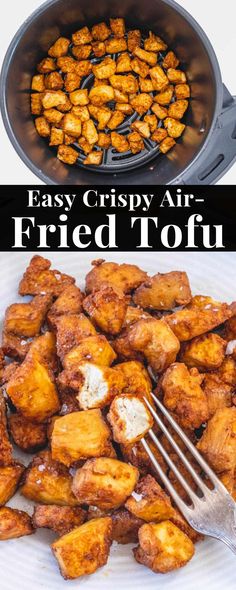 fried tofu in an air fryer with the words easy crispy air fried tofu