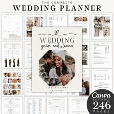 the complete wedding planner is shown with photos and text on it, including an image of two