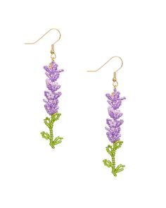 earrings with purple flowers and green leaves hanging from the back, on a white background