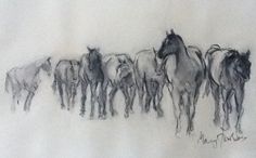 a group of horses standing next to each other on a white sheet with black ink