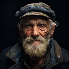 an old man with a big beard and a hat on his head is looking at the camera